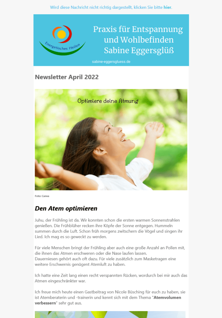 Screenshot: Newsletter der Praxis für Entspannung und Wohlbefinden | April 2022